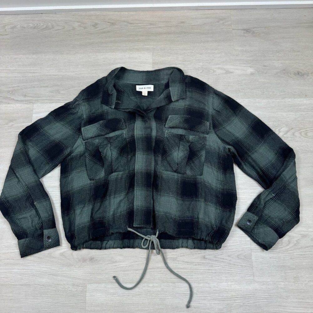 Cloth & Stone Plaid Button Down Tie Front Shirt Womens Small Green Black Collar